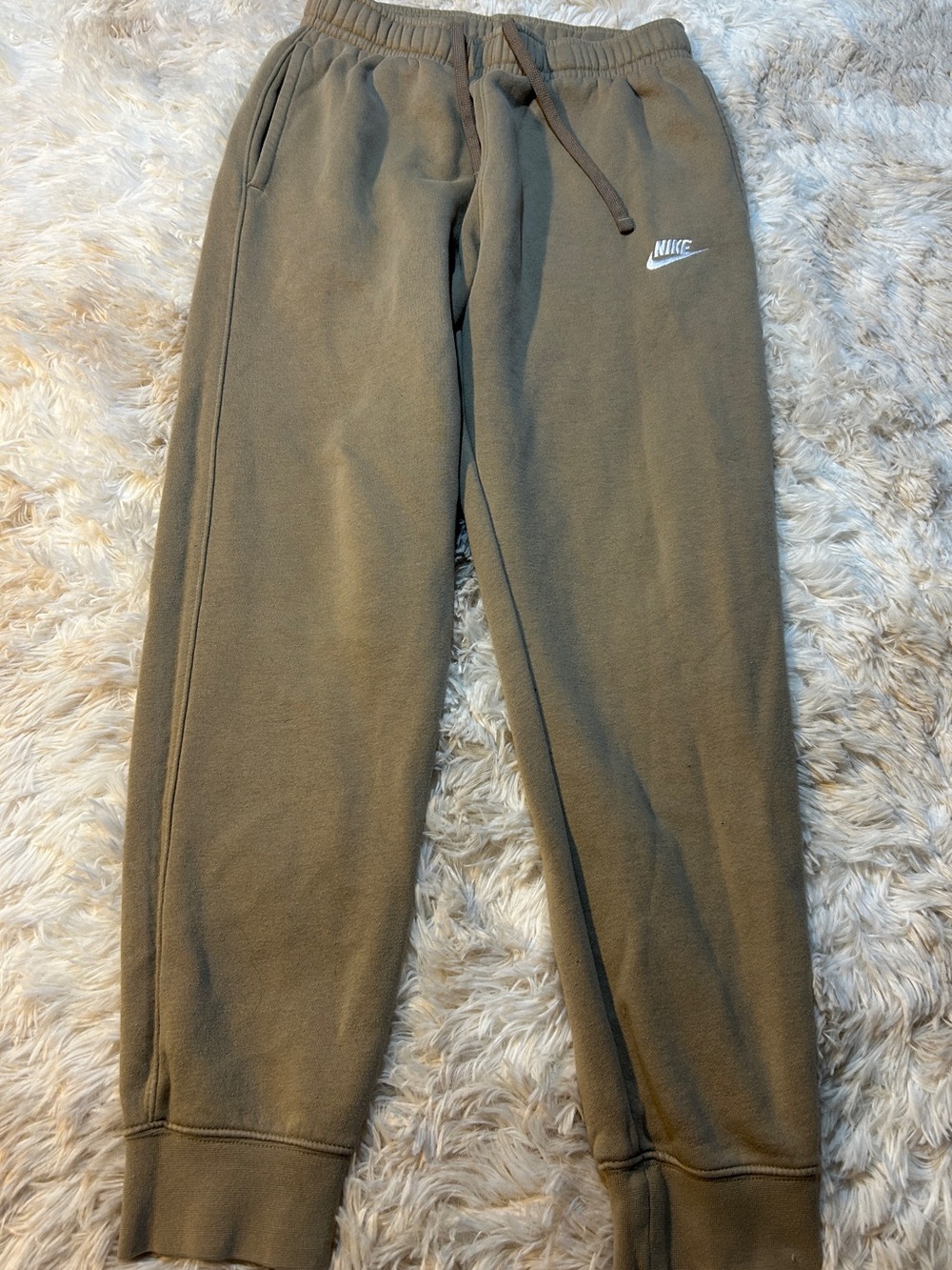 Nike Khaki Colored Men's Fleece Joggers with White Swoosh